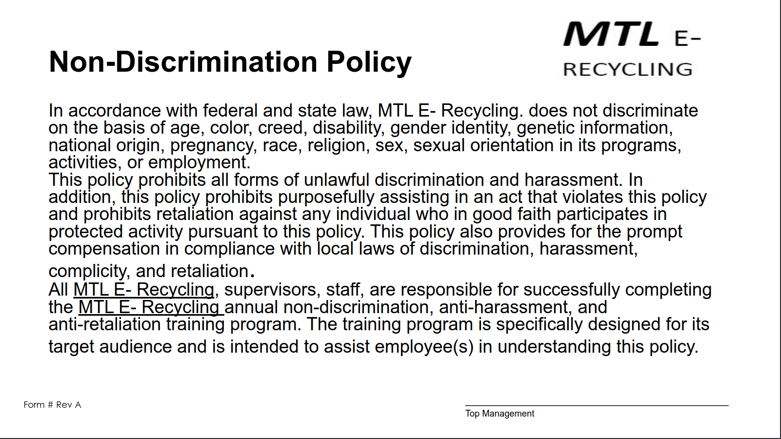 MTL eRecycling Quality Policy Statement
